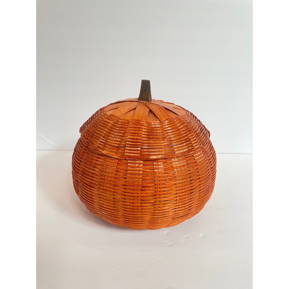 Vintage Orange Wicker Pumpkin Basket with Lid Fall Autumn Decor 7.5 Inch Basket